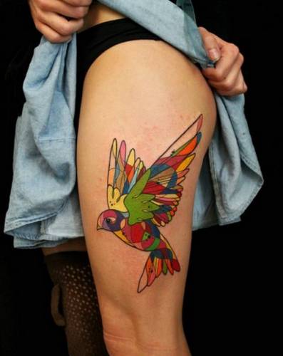 Яркая разноцветная птица на ноге девушки