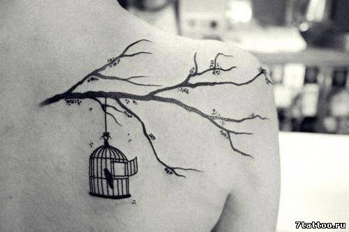 тату Открытая клетка с птицей на ветке дерева